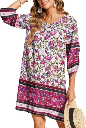 Zeagoo Womens Boho Dresses Casual Beach Summer Dress Tassel Tie Neck 3/4 Long Sleeve Mini Sundress 2025 Floral Print Cover Up