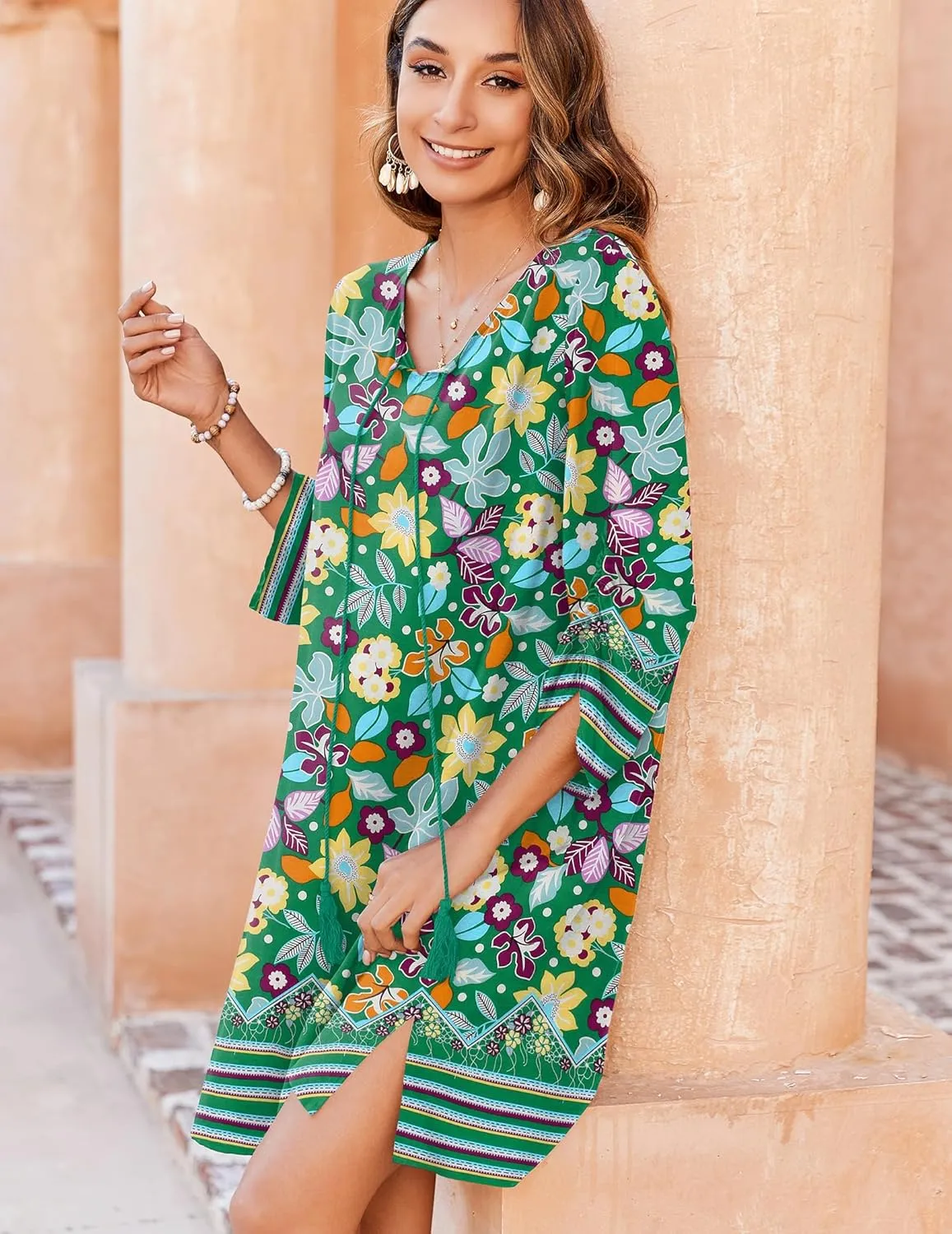 Zeagoo Womens Boho Dresses Casual Beach Summer Dress Tassel Tie Neck 3/4 Long Sleeve Mini Sundress 2025 Floral Print Cover Up