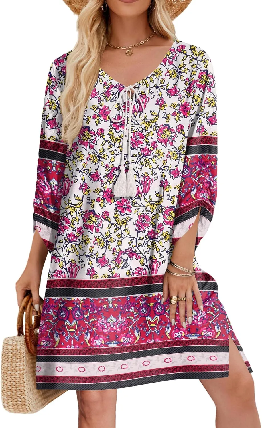 Zeagoo Womens Boho Dresses Casual Beach Summer Dress Tassel Tie Neck 3/4 Long Sleeve Mini Sundress 2025 Floral Print Cover Up