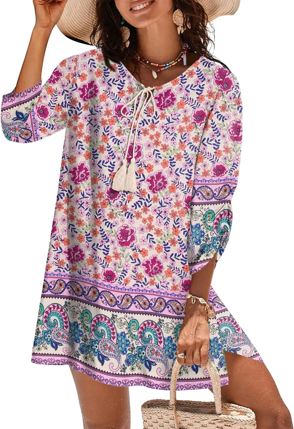 Zeagoo Womens Boho Dresses Casual Beach Summer Dress Tassel Tie Neck 3/4 Long Sleeve Mini Sundress 2025 Floral Print Cover Up