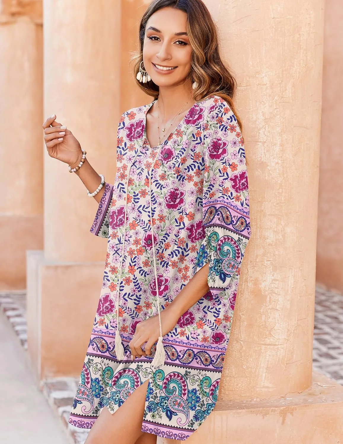 Zeagoo Womens Boho Dresses Casual Beach Summer Dress Tassel Tie Neck 3/4 Long Sleeve Mini Sundress 2025 Floral Print Cover Up