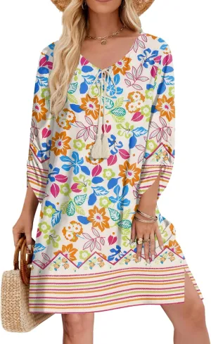 Zeagoo Womens Boho Dresses Casual Beach Summer Dress Tassel Tie Neck 3/4 Long Sleeve Mini Sundress 2025 Floral Print Cover Up