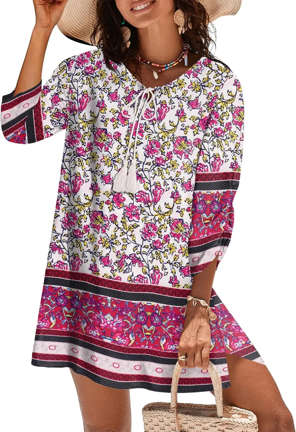 Zeagoo Womens Boho Dresses Casual Beach Summer Dress Tassel Tie Neck 3/4 Long Sleeve Mini Sundress 2025 Floral Print Cover Up
