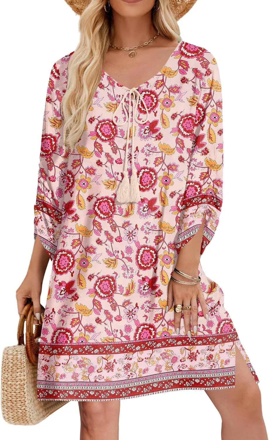 Zeagoo Womens Boho Dresses Casual Beach Summer Dress Tassel Tie Neck 3/4 Long Sleeve Mini Sundress 2025 Floral Print Cover Up