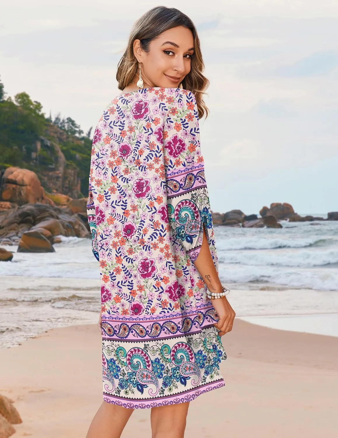Zeagoo Womens Boho Dresses Casual Beach Summer Dress Tassel Tie Neck 3/4 Long Sleeve Mini Sundress 2025 Floral Print Cover Up