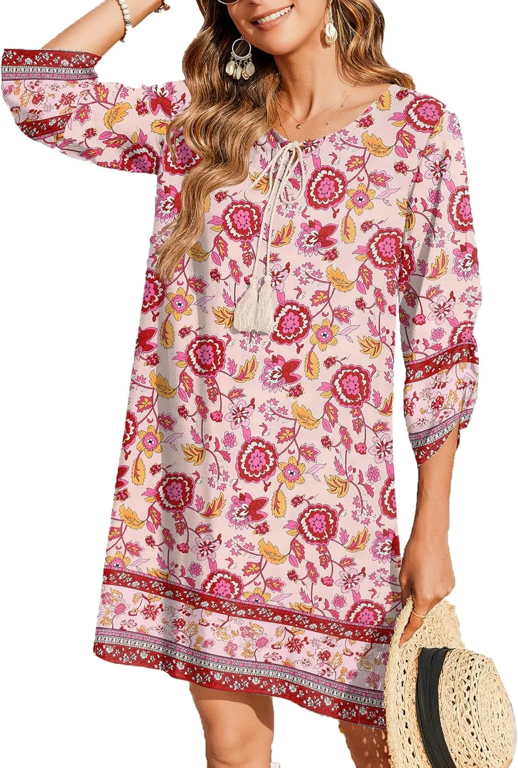 Zeagoo Womens Boho Dresses Casual Beach Summer Dress Tassel Tie Neck 3/4 Long Sleeve Mini Sundress 2025 Floral Print Cover Up
