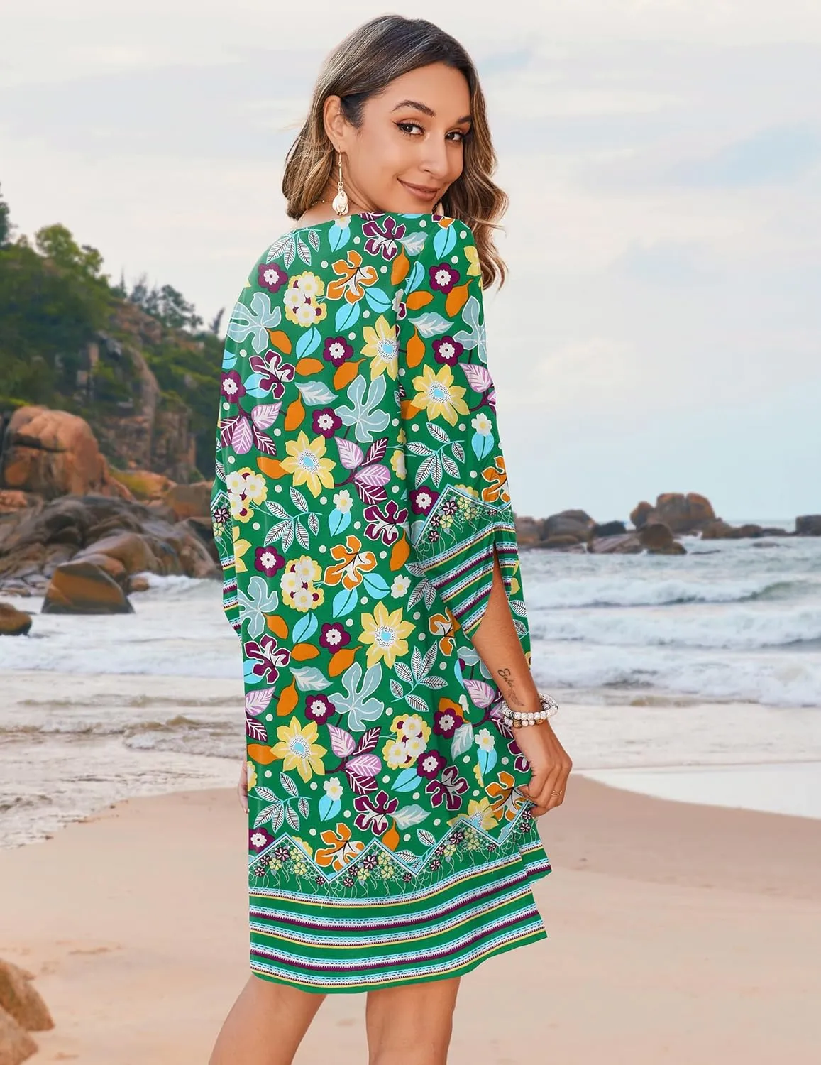 Zeagoo Womens Boho Dresses Casual Beach Summer Dress Tassel Tie Neck 3/4 Long Sleeve Mini Sundress 2025 Floral Print Cover Up