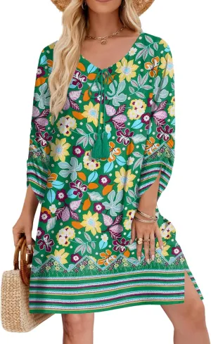 Zeagoo Womens Boho Dresses Casual Beach Summer Dress Tassel Tie Neck 3/4 Long Sleeve Mini Sundress 2025 Floral Print Cover Up