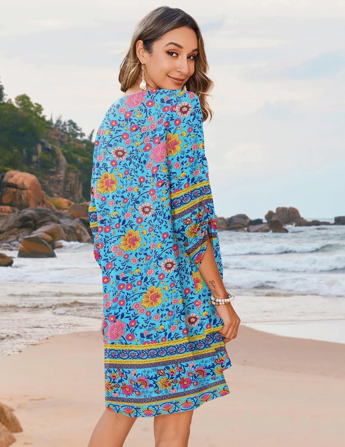 Zeagoo Womens Boho Dresses Casual Beach Summer Dress Tassel Tie Neck 3/4 Long Sleeve Mini Sundress 2025 Floral Print Cover Up