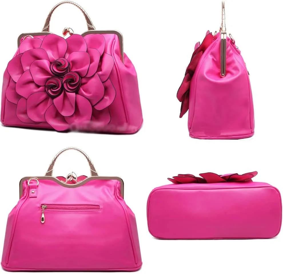ZiMing 3D Floral Handbags for Women Genuine Leather Tote Bags Kiss Lock Purse Top Handle Bag Satchel Evening Bag Shoulder Bag