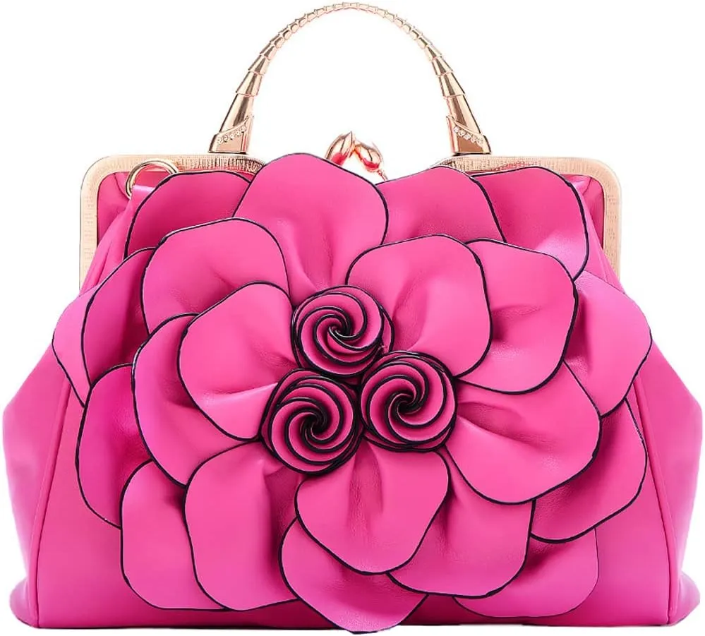 ZiMing 3D Floral Handbags for Women Genuine Leather Tote Bags Kiss Lock Purse Top Handle Bag Satchel Evening Bag Shoulder Bag