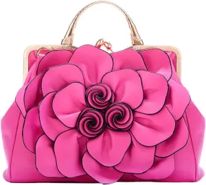 ZiMing 3D Floral Handbags for Women Genuine Leather Tote Bags Kiss Lock Purse Top Handle Bag Satchel Evening Bag Shoulder Bag