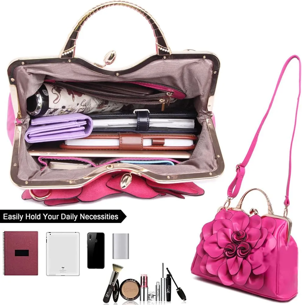 ZiMing 3D Floral Handbags for Women Genuine Leather Tote Bags Kiss Lock Purse Top Handle Bag Satchel Evening Bag Shoulder Bag