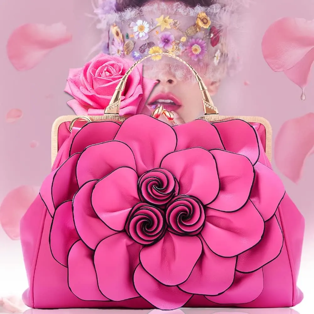 ZiMing 3D Floral Handbags for Women Genuine Leather Tote Bags Kiss Lock Purse Top Handle Bag Satchel Evening Bag Shoulder Bag