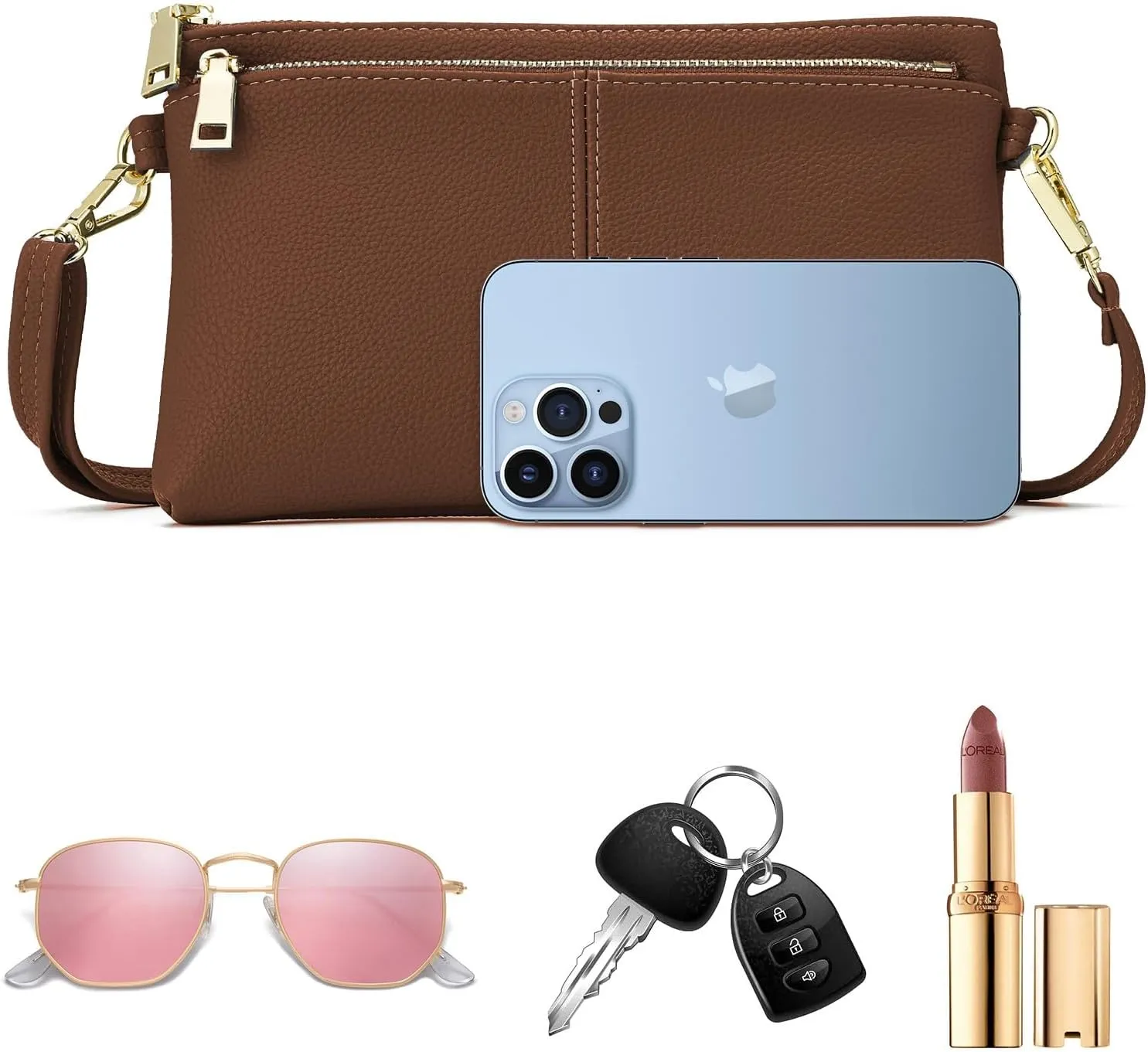 ZOOEASS Triple Zip Small Crossbody Bag Lightweight Purses Vegan Leather Wristlet Clutch, Includes Adjustable Shoulder