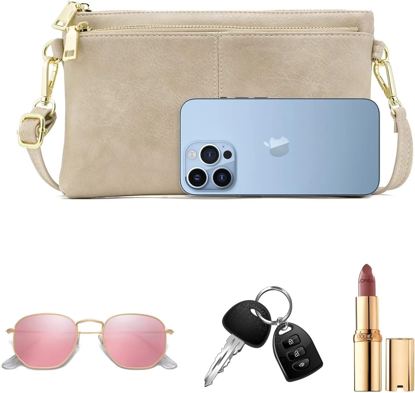 ZOOEASS Triple Zip Small Crossbody Bag Lightweight Purses Vegan Leather Wristlet Clutch, Includes Adjustable Shoulder