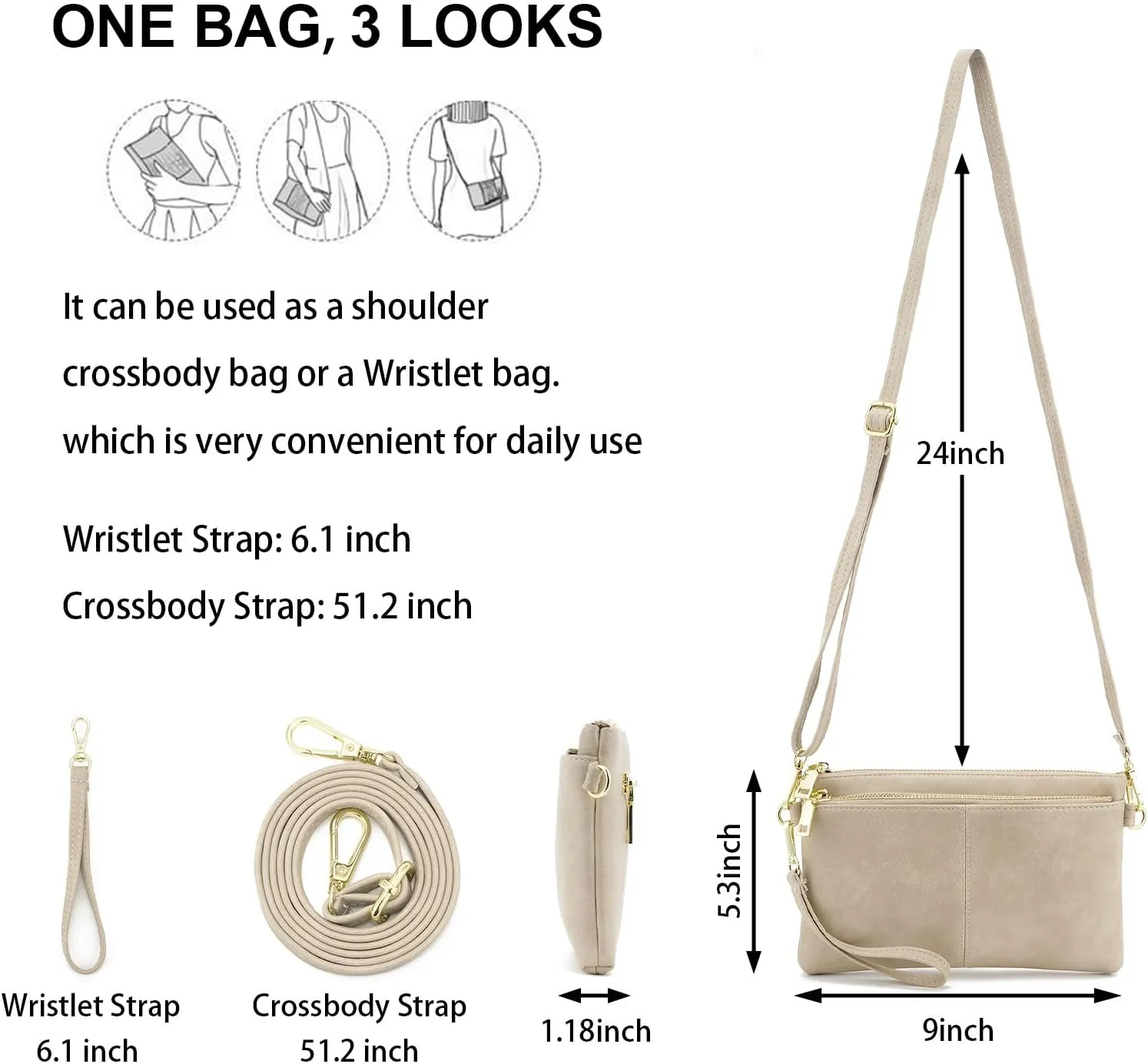 ZOOEASS Triple Zip Small Crossbody Bag Lightweight Purses Vegan Leather Wristlet Clutch, Includes Adjustable Shoulder