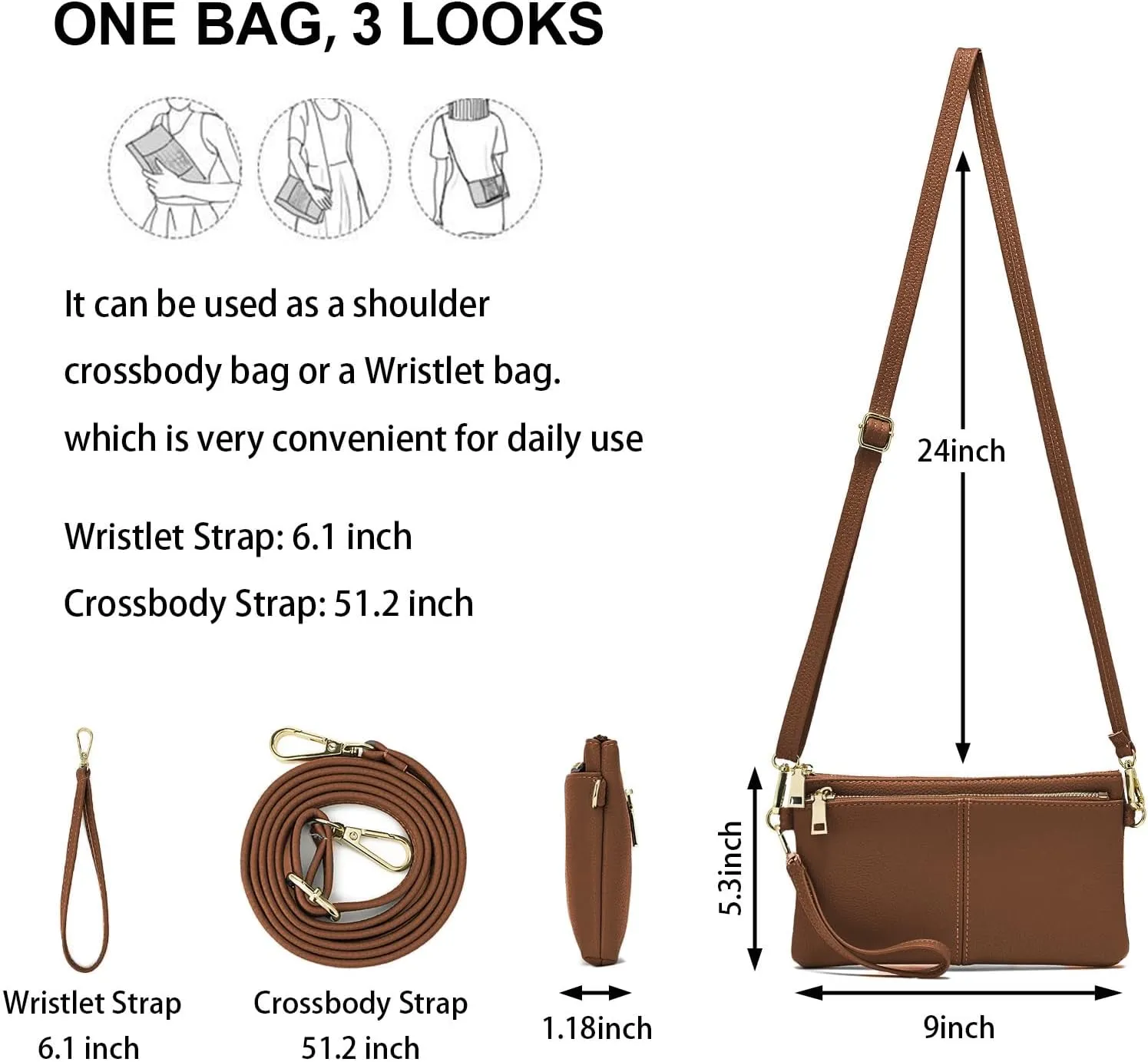 ZOOEASS Triple Zip Small Crossbody Bag Lightweight Purses Vegan Leather Wristlet Clutch, Includes Adjustable Shoulder