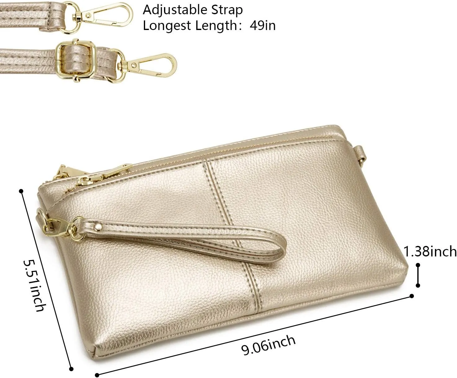 ZOOEASS Triple Zip Small Crossbody Bag Lightweight Purses Vegan Leather Wristlet Clutch, Includes Adjustable Shoulder