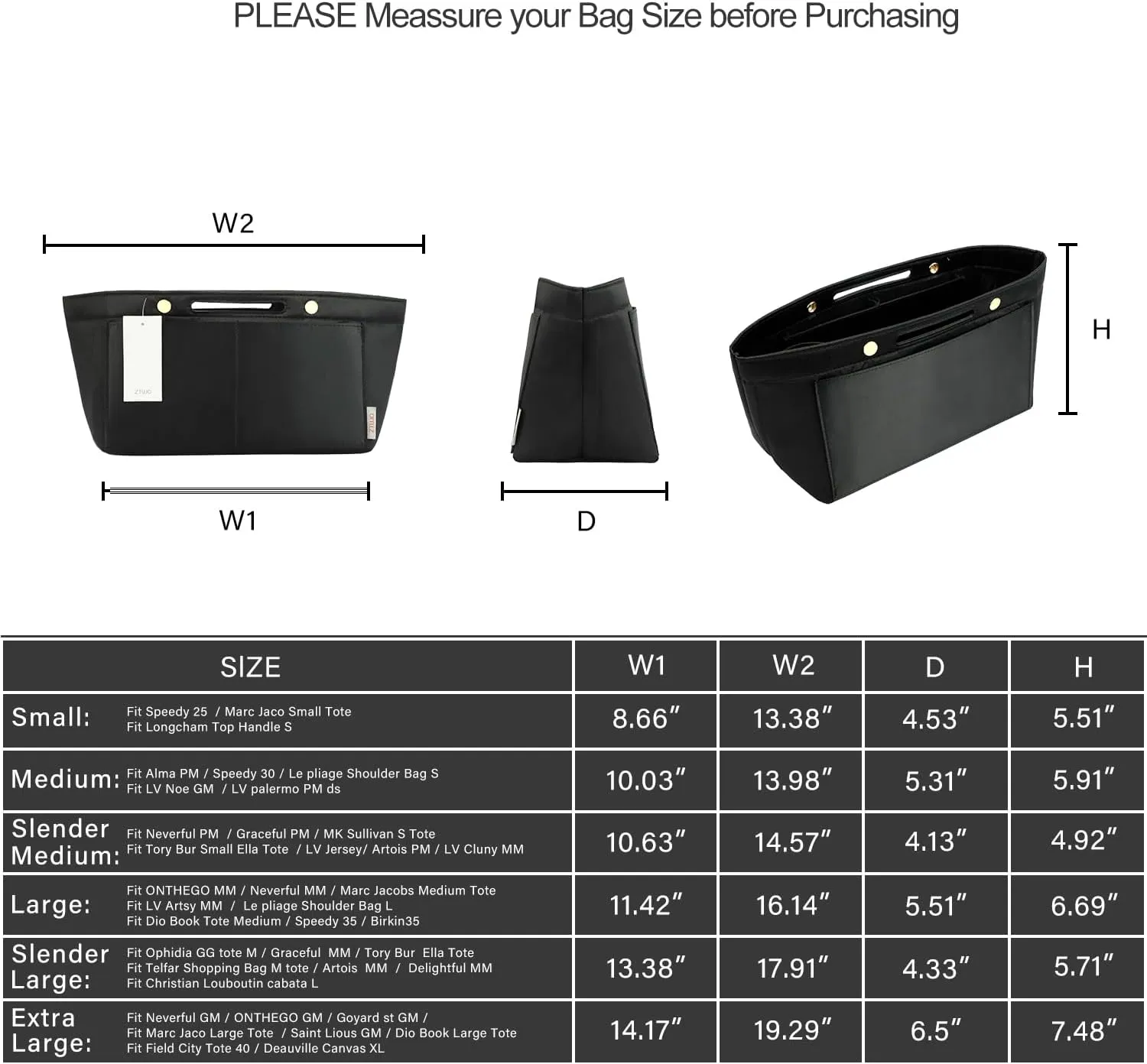 ZTUJO Purse Organizer Insert For Handbag & Tote Shaper,Tote Bag Organizer Insert For Speedy Neverful, 6 Sizes(Slender Large,Silky Black)