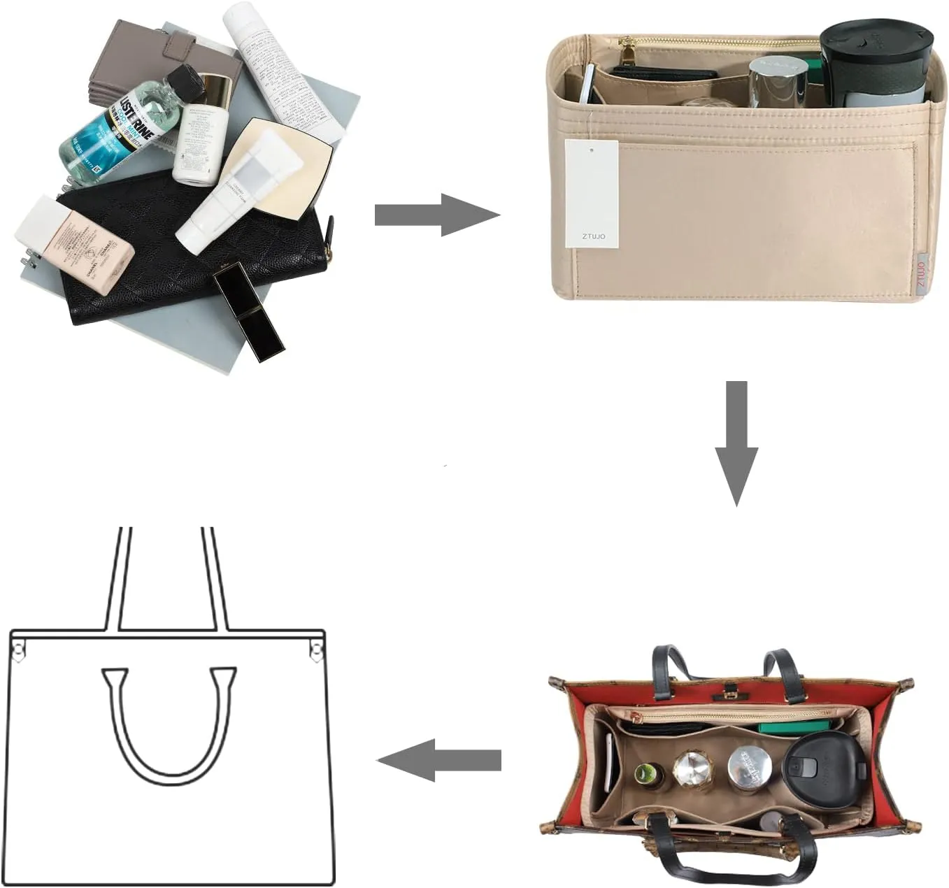 ZTUJO Purse Organizer Insert For Handbags, Silky Touching Bag Organizer Insert With Bottle Holder, Perfect for Speedy, Neverfull, Tote,ONTHEGO,Artsy,Handbag and More (Mini, Silky Beige)