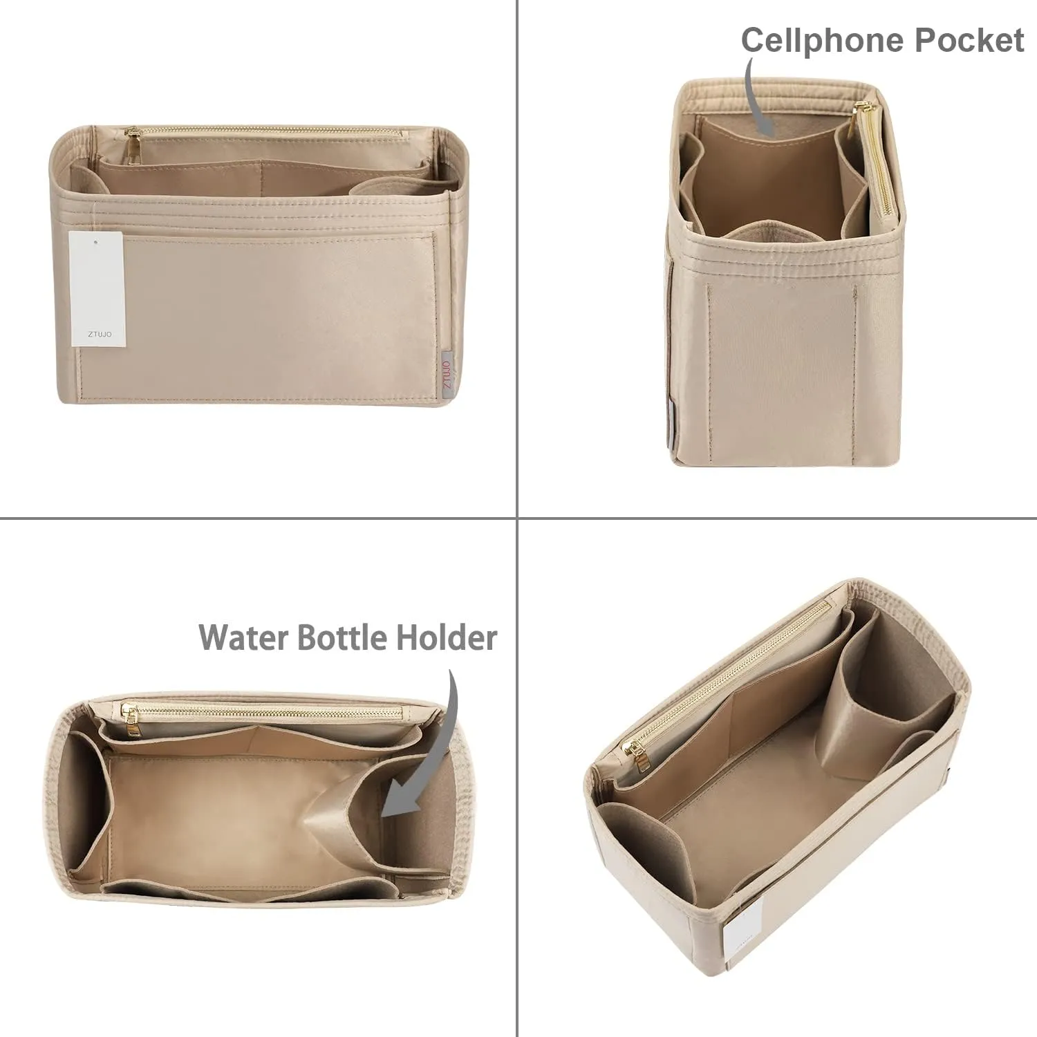 ZTUJO Purse Organizer Insert For Handbags, Silky Touching Bag Organizer Insert With Bottle Holder, Perfect for Speedy, Neverfull, Tote,ONTHEGO,Artsy,Handbag and More (Mini, Silky Beige)