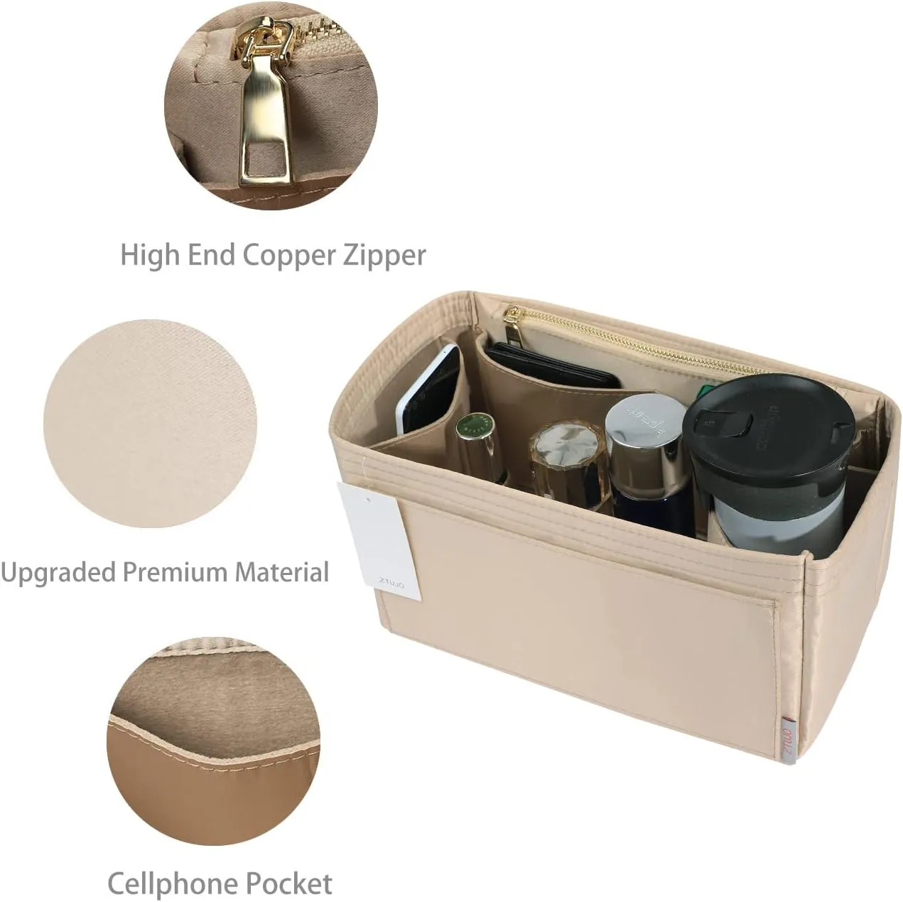 ZTUJO Purse Organizer Insert For Handbags, Silky Touching Bag Organizer Insert With Bottle Holder, Perfect for Speedy, Neverfull, Tote,ONTHEGO,Artsy,Handbag and More (Mini, Silky Beige)