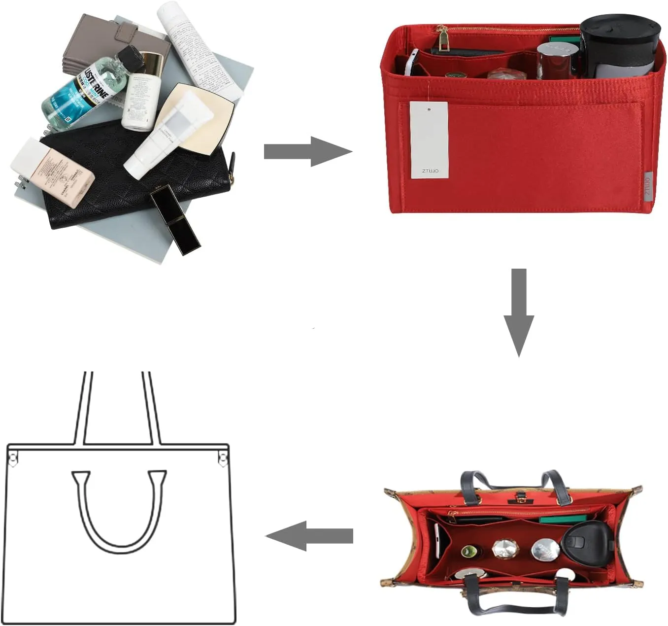 ZTUJO Purse Organizer Insert For Handbags, Silky Touching Bag Organizer Insert With Bottle Holder, Perfect for Speedy, Neverfull, Tote,ONTHEGO,Artsy,Handbag and More (small, Silky Red)