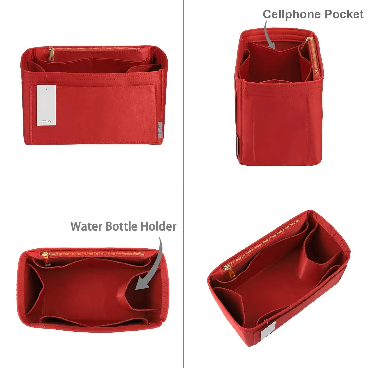 ZTUJO Purse Organizer Insert For Handbags, Silky Touching Bag Organizer Insert With Bottle Holder, Perfect for Speedy, Neverfull, Tote,ONTHEGO,Artsy,Handbag and More (small, Silky Red)