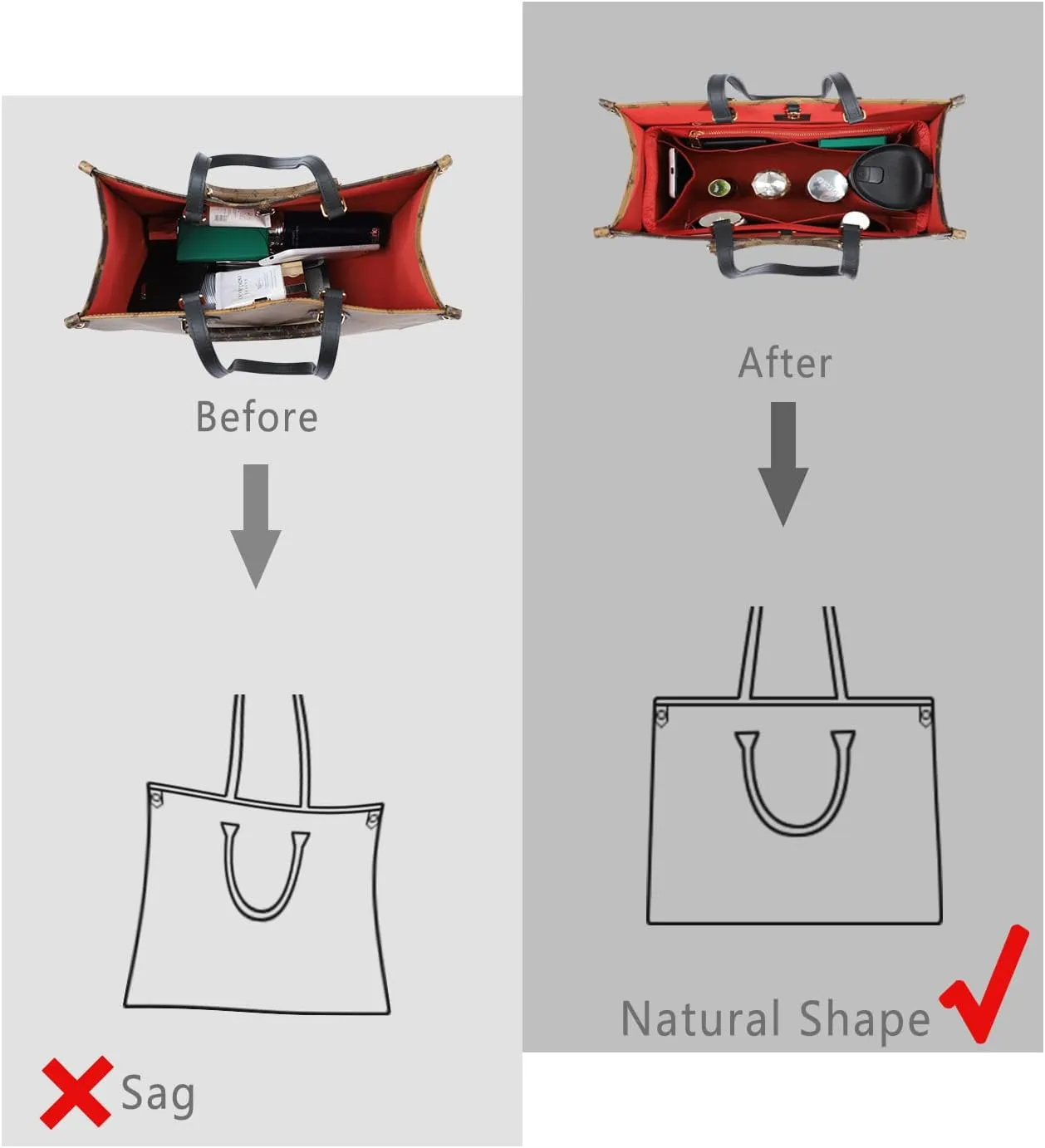 ZTUJO Purse Organizer Insert For Handbags, Silky Touching Bag Organizer Insert With Bottle Holder, Perfect for Speedy, Neverfull, Tote,ONTHEGO,Artsy,Handbag and More (small, Silky Red)