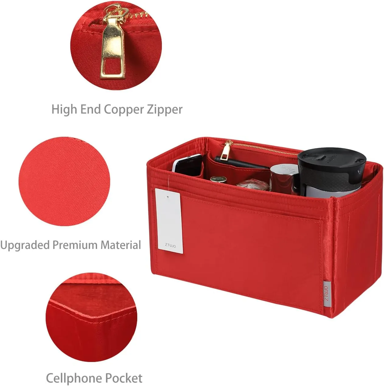 ZTUJO Purse Organizer Insert For Handbags, Silky Touching Bag Organizer Insert With Bottle Holder, Perfect for Speedy, Neverfull, Tote,ONTHEGO,Artsy,Handbag and More (small, Silky Red)